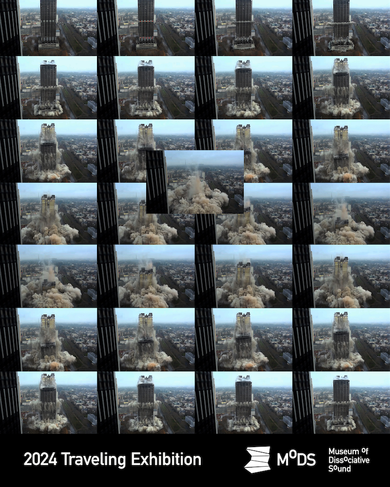 Poster showing individual image captures from a controled demolition.